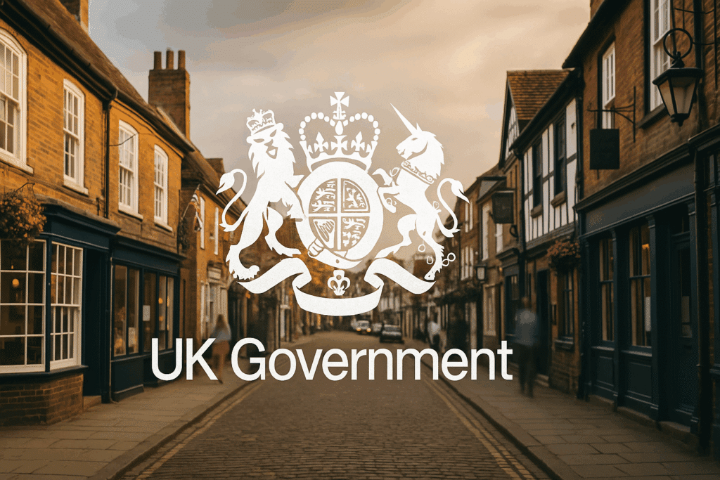 UK Government seal over a British high street of small shops and pubs, illustrating cyber insurance for smes and cyber insurance for small and medium size enterpirses.