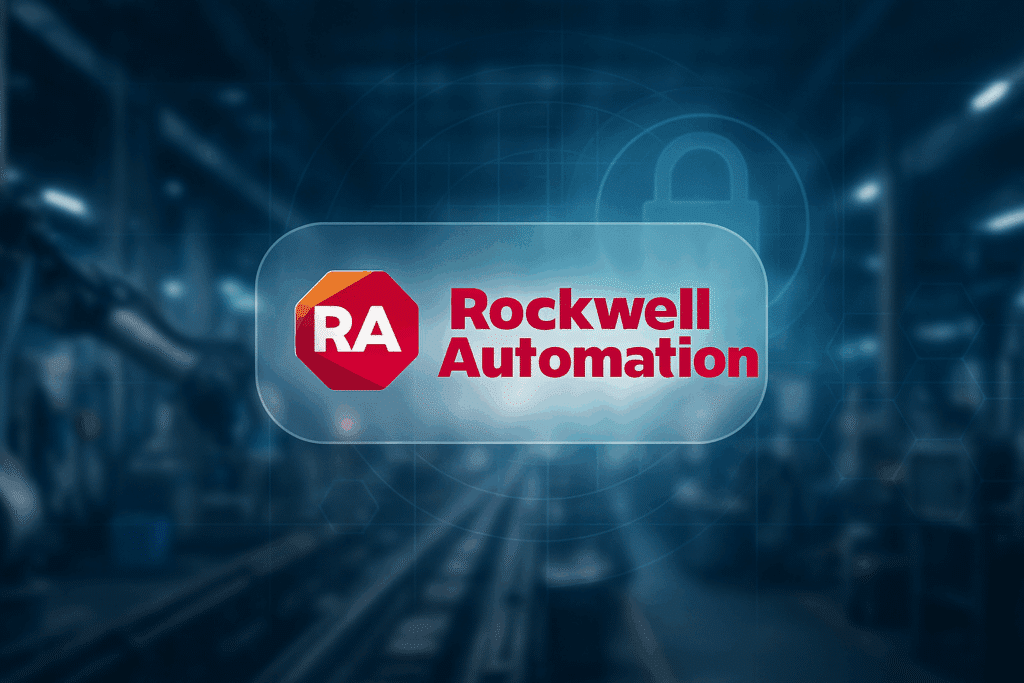 Rockwell Automation logo on production line backdrop; operational technology risk, ICS security, manufacturing cybersecurity.