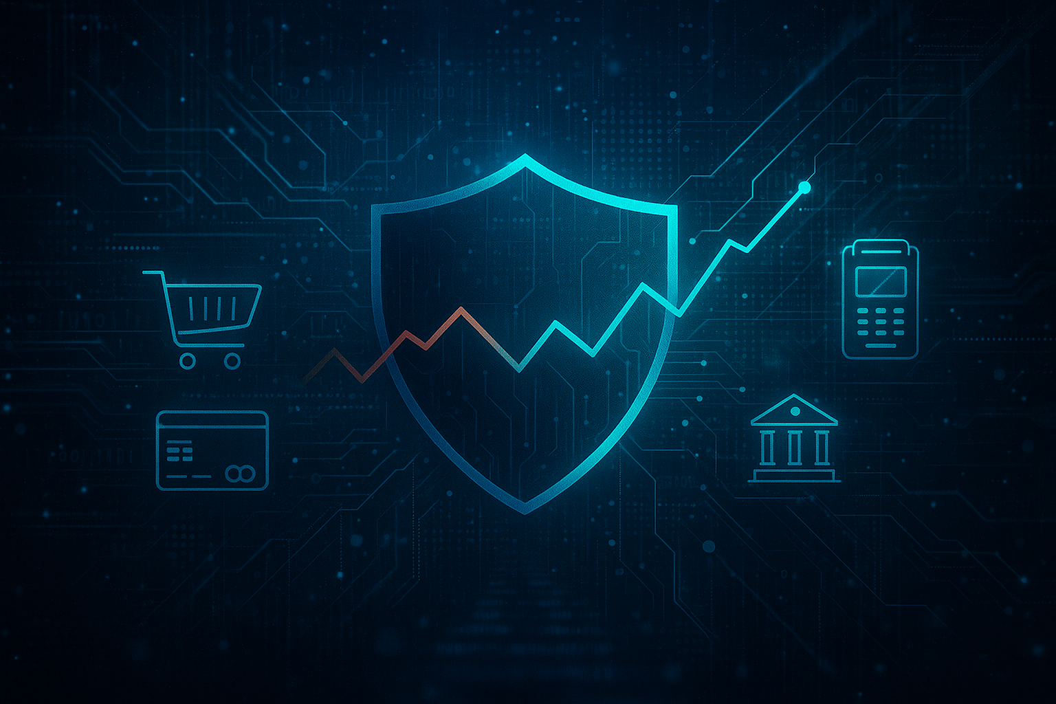 Cyber Insurance Market visual with cybersecurity shield, ecommerce symbols, and trend lines for cooling prices and expanding capacity. All related to RPS cyber insurance market report.