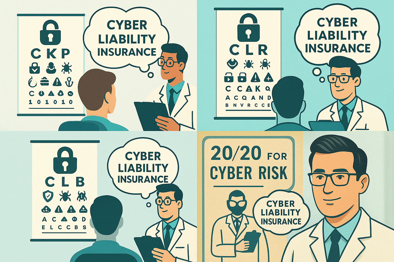 Optometrist views a Snellen-style chart of security icons; thought bubble reads “cyber liability insurance”—cyber insurance, cybersecurity insurance, data breach insurance, cyber risk coverage, breach response coverage.
