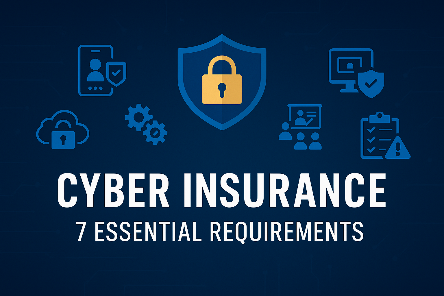 Cyber Insurance hero banner with shield and icons for MFA, patching, EDR, backups, training, incident response, supported OS.