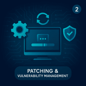 Monitor update progress with gears and shield representing regular patching and vulnerability management in cyber insurance.