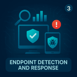 Computer and mobile shields with alert and magnifying glass illustrating endpoint detection and response for cyber insurance.