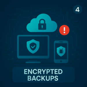 Cloud padlock, monitor, and phone icons visualizing encrypted, offsite backups tested for recovery under cyber insurance.