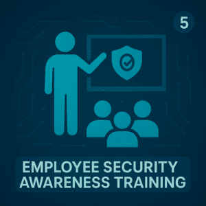 Trainer and team with shield icon depicting ongoing employee security awareness training required in cyber insurance.