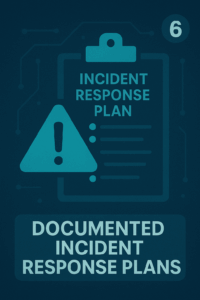 Clipboard checklist and warning sign showing a documented incident response plan with contact and containment steps in cyber insurance.
