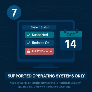 System status and calendar ‘Oct 14’ graphic stressing supported operating systems and updates to maintain cyber insurance coverage.