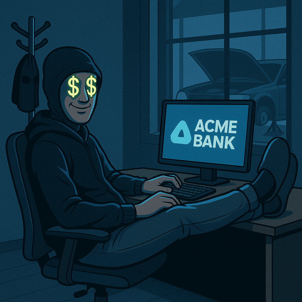Digital illustration of a cybercriminal targeting Acme Bank, sitting at a computer with dollar signs in their eyes, slippers on, ski mask on coat rack, and getaway car on jack—symbolizing modern financial sector cybersecurity threats and digital bank heists.