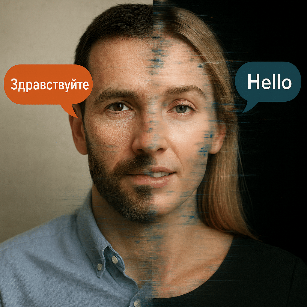 Photorealistic split-face portrait showing identity verification in the age of deepfakes — left side a bearded man, right side a glitchy deepfake of a blonde woman with speech bubbles in different languages, symbolizing identity fraud, remote work security, and AI impersonation risks.