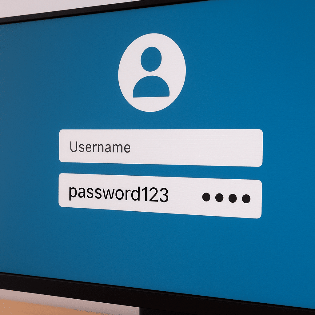 Computer login screen showing username and password fields with weak password "password123" entered, symbolizing poor password security and cybersecurity risks.