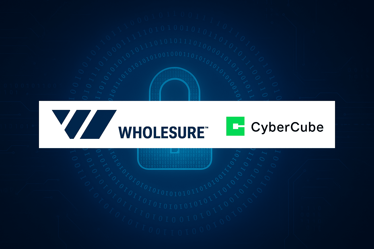 Wholesure and CyberCube logos side by side with a digital cybersecurity background illustrating their partnership to improve cyber insurance for SMBs