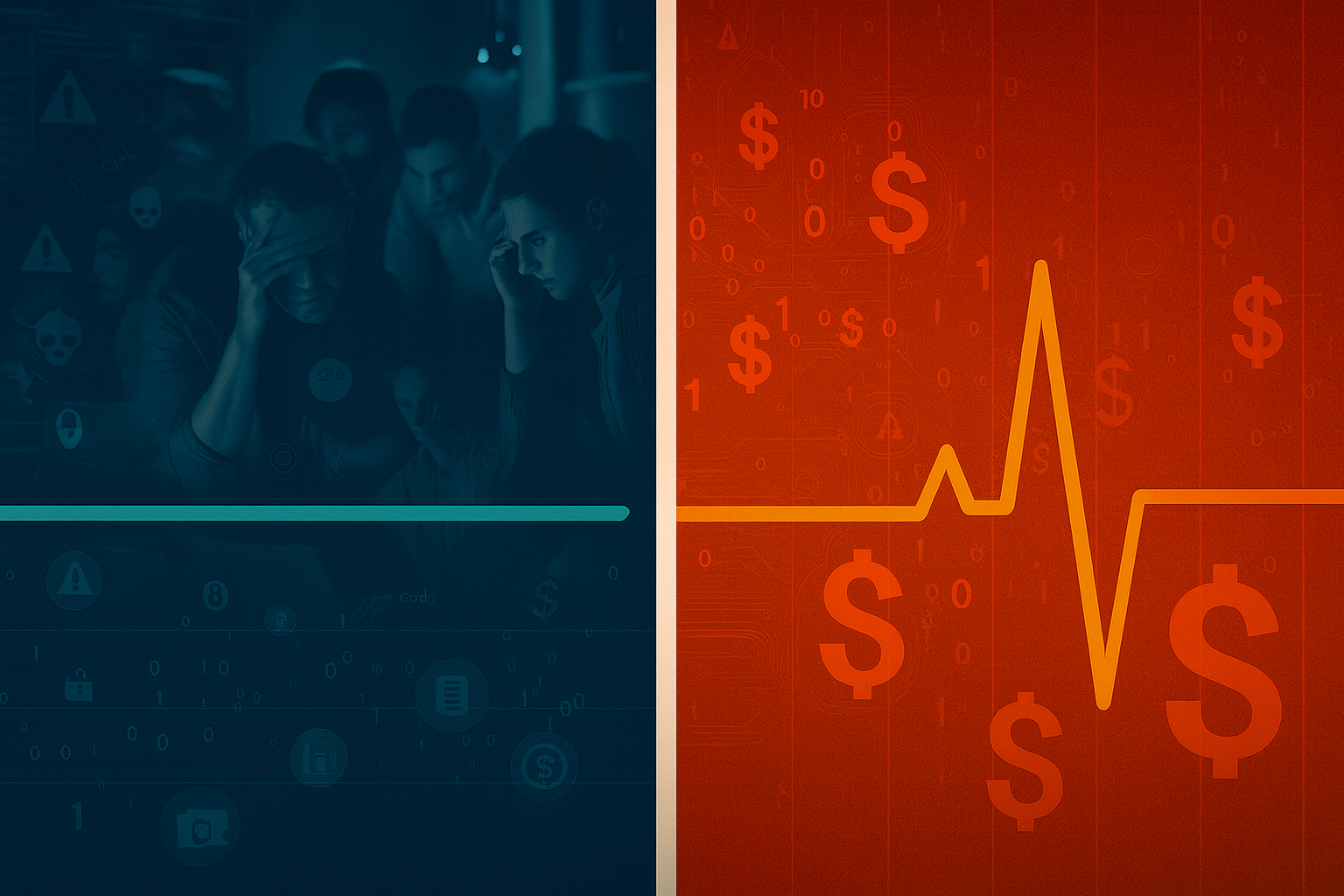 Digital split-screen illustration showing cybersecurity budget challenges. The left side features a flat EKG line over a blue-toned scene of stressed professionals surrounded by digital threat icons. The right side contrasts with a spiking EKG line on an orange background filled with floating dollar signs and binary code, representing rising financial urgency and active cyber response. Keywords: cybersecurity budgets, data breaches, financial risk, digital threats, security teams.