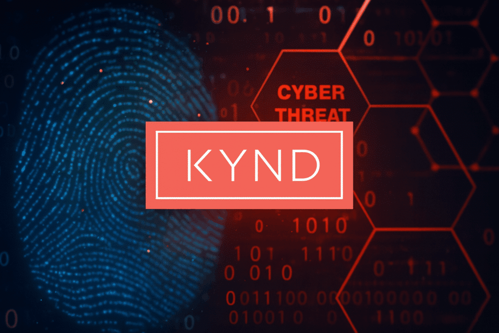 KYND logo centered over a digital background symbolizing cyber threats, with binary code, fingerprint patterns, and hexagonal "Cyber Threat" graphics—illustrating cyber risk pool challenges and solutions for intergovernmental risk pools or governmental risk pooling programs.