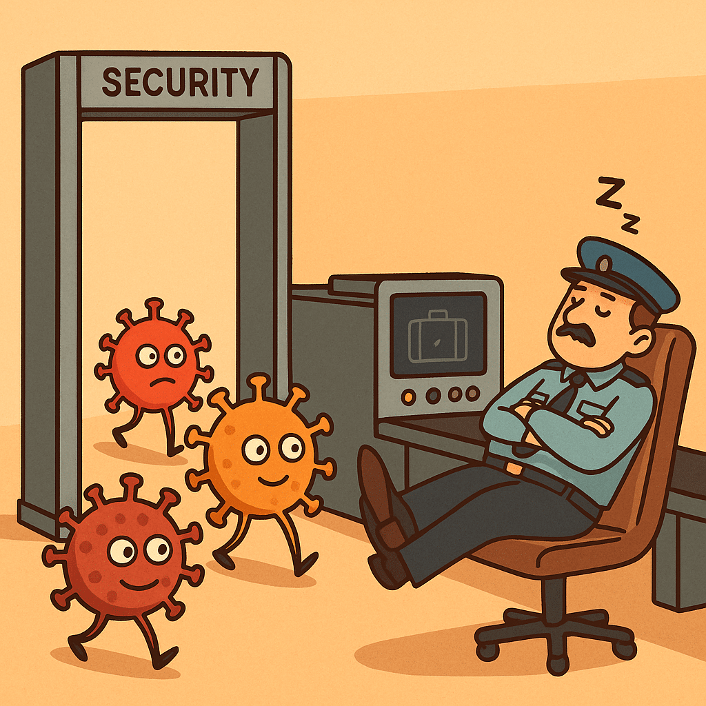 Cartoon illustration of a sleeping security guard at a checkpoint with feet up, while cartoon virus threats walk unnoticed through a metal detector and x-ray scanner. Highlights outdated antivirus tools, passive cybersecurity, and rising cyber threat complexity.