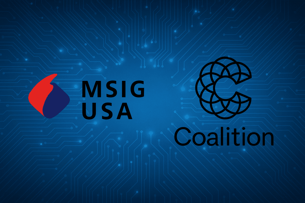 Logos of MSIG USA and Coalition side by side with a diffused digital background representing cybersecurity, data protection, and cyber insurance solutions for global businesses.