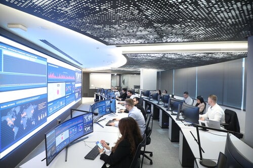 Security operations center monitors industrial threats; analysts track manufacturing cybersecurity, factory cybersecurity, and ICS security incidents.