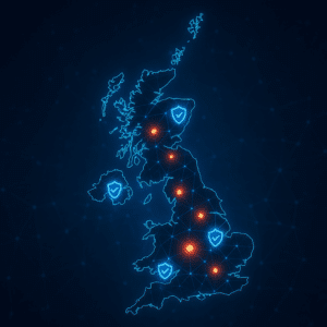 Digital map of the United Kingdom glowing with blue network lines, red cyber breach points, and blue defense shields, symbolizing cybersecurity threats, defenses, and pentesting in the UK. And spending on pentesting.