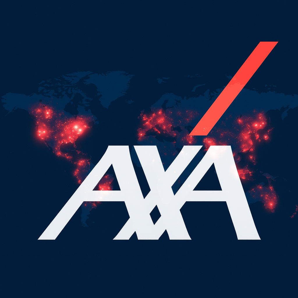 AXA logo overlay on a digital world map with glowing red hotspots highlighting global cyber threats, ransomware risks, and cyber claims frequency.