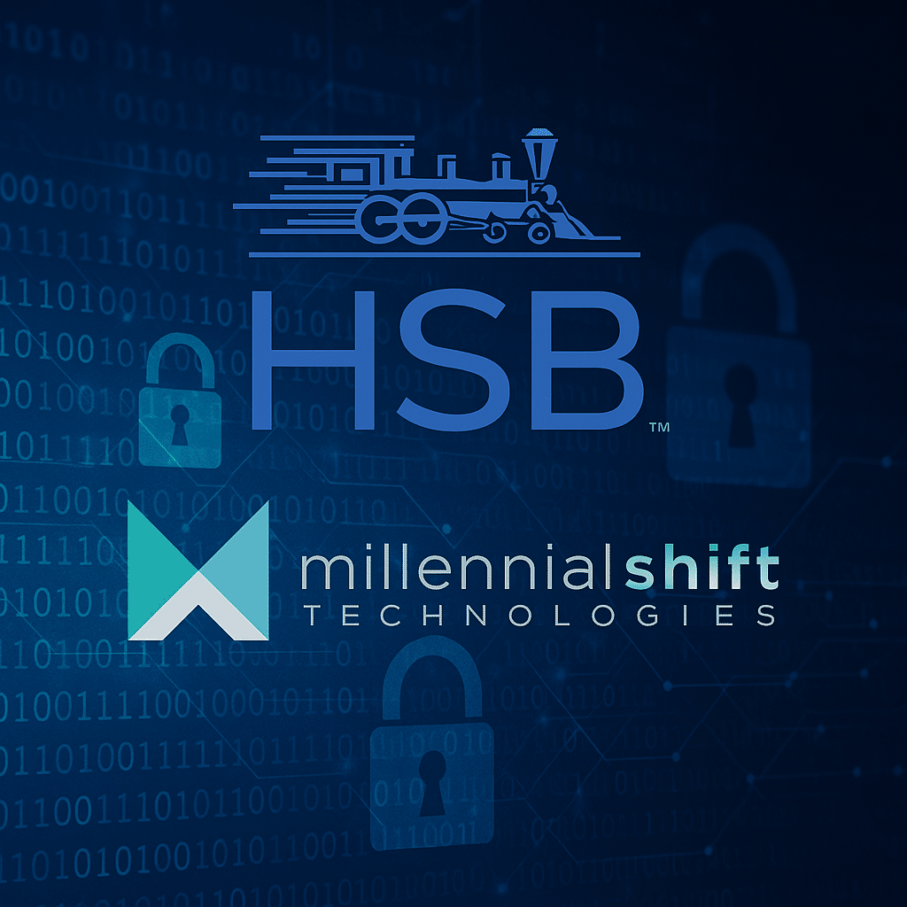 HSB and Millennial Shift Technologies logos layered over a digital cybersecurity background with binary code and padlock icons, symbolizing cyber insurance collaboration and digital risk management.