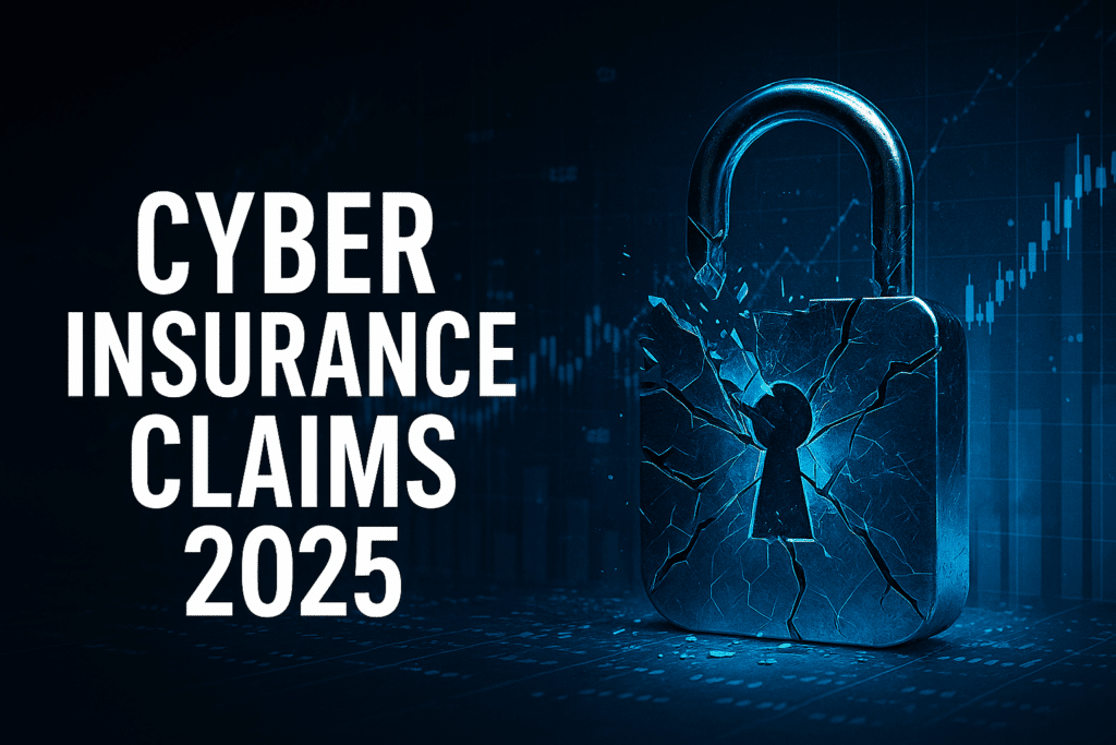 Shattered digital padlock with financial chart background and bold text “Cyber Insurance Claims 2025,” symbolizing cyber breaches and insurance costs.