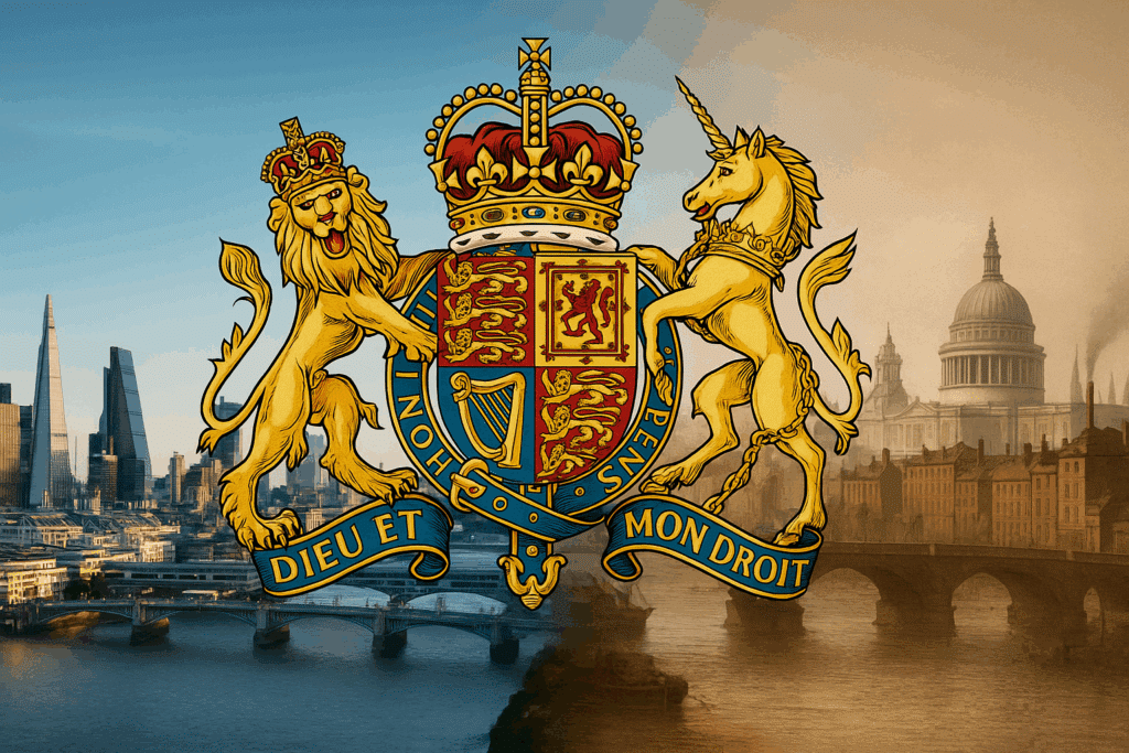 UK Royal Coat of Arms over London skyline merging modern city with 1800s London, symbolizing UK cyber insurance and resilience.