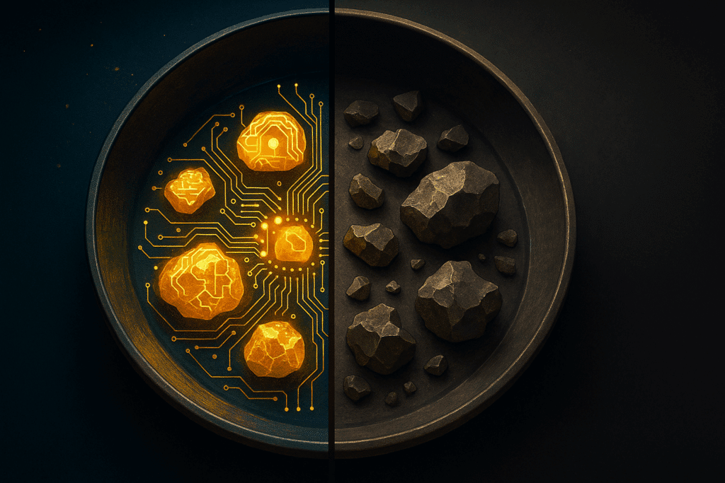 Artificial Intelligence gold rush vs fool’s gold: split pan with circuit-trace gold nuggets and dull pyrite, identity security theme.