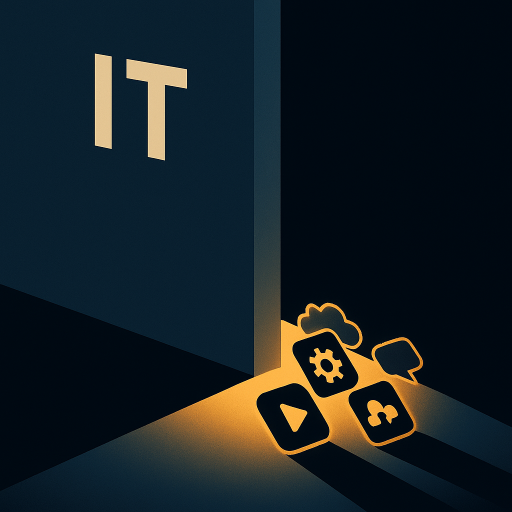 Shadow AI: unapproved Artificial Intelligence apps slipping under an IT door, bypassing controls and raising security risk.