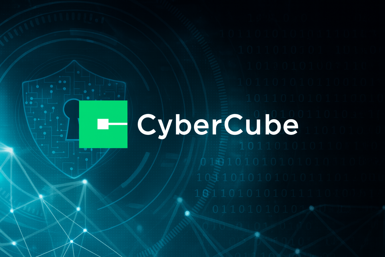 The CyberCube logo appears centered over a digital backdrop symbolizing cybersecurity. A glowing shield with circuit patterns represents protection. Binary code streams across the background, while interconnected nodes form a network grid. The image conveys themes of cyber risk management, data security, and cyber insurance resilience.