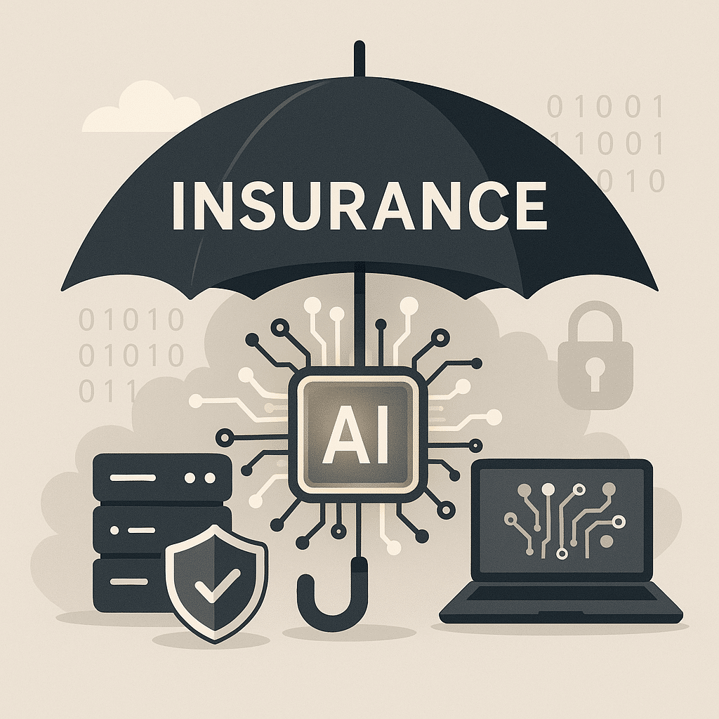 I Risk insurance illustration showing an umbrella labeled insurance protecting servers, laptops, and AI technology, symbolizing risk transfer and coverage clarity.
