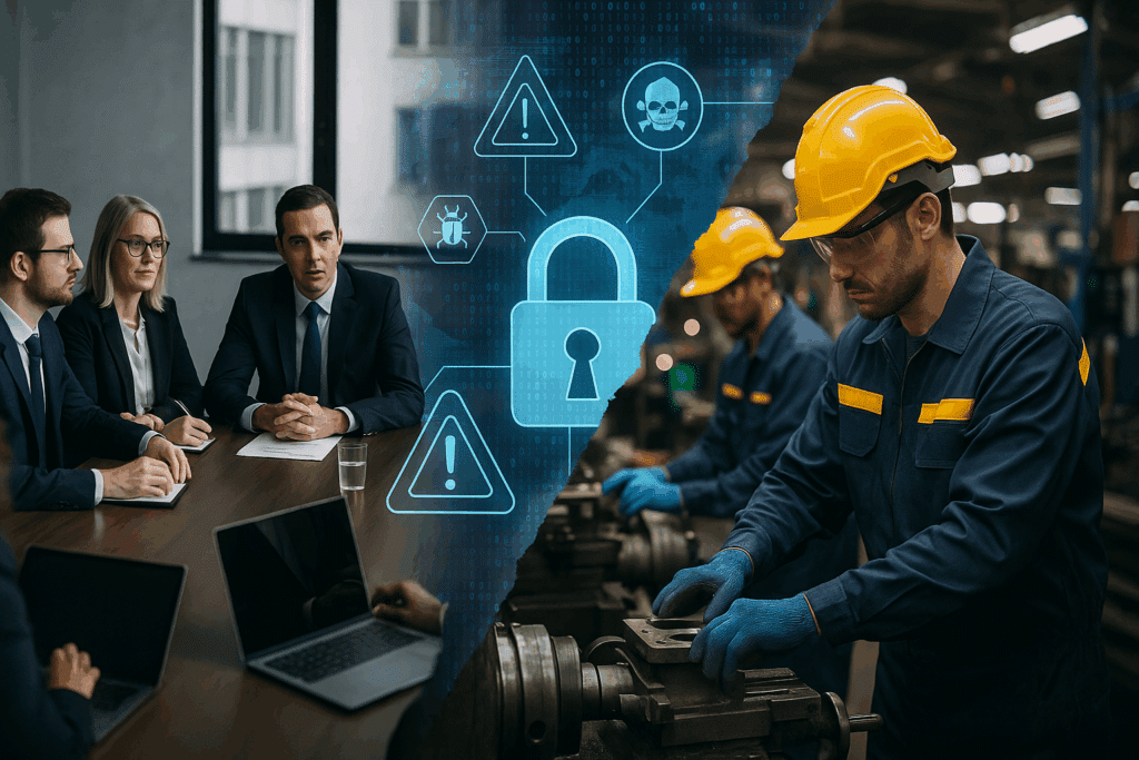 Composite image showing cybersecurity concerns spilling from a corporate boardroom to a factory floor, symbolizing global cyber threats to business operations.