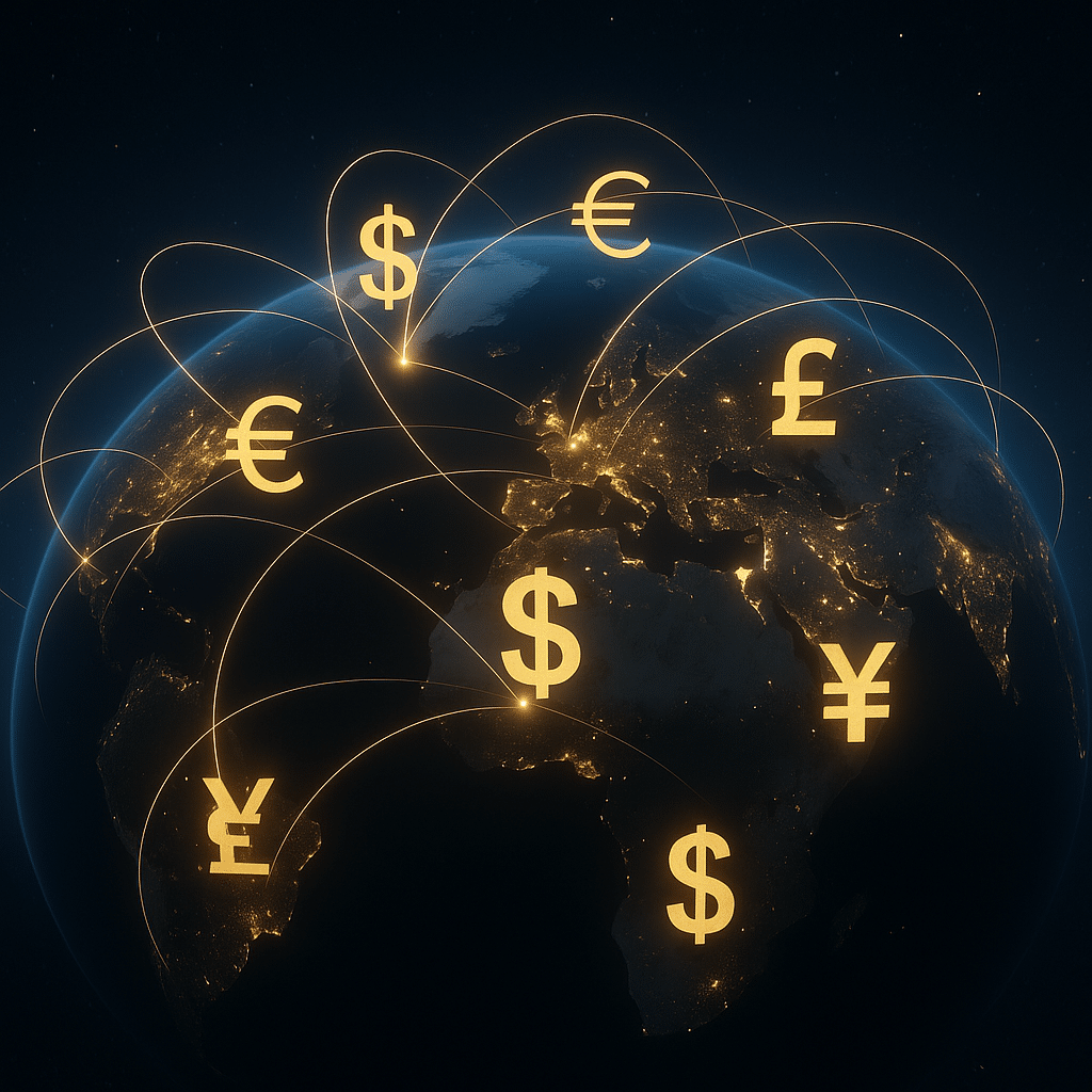 Global cyber insurance and financial diversification illustrated by glowing Earth at night with dollar, euro, pound, and yen symbols connected by illuminated trade lines.