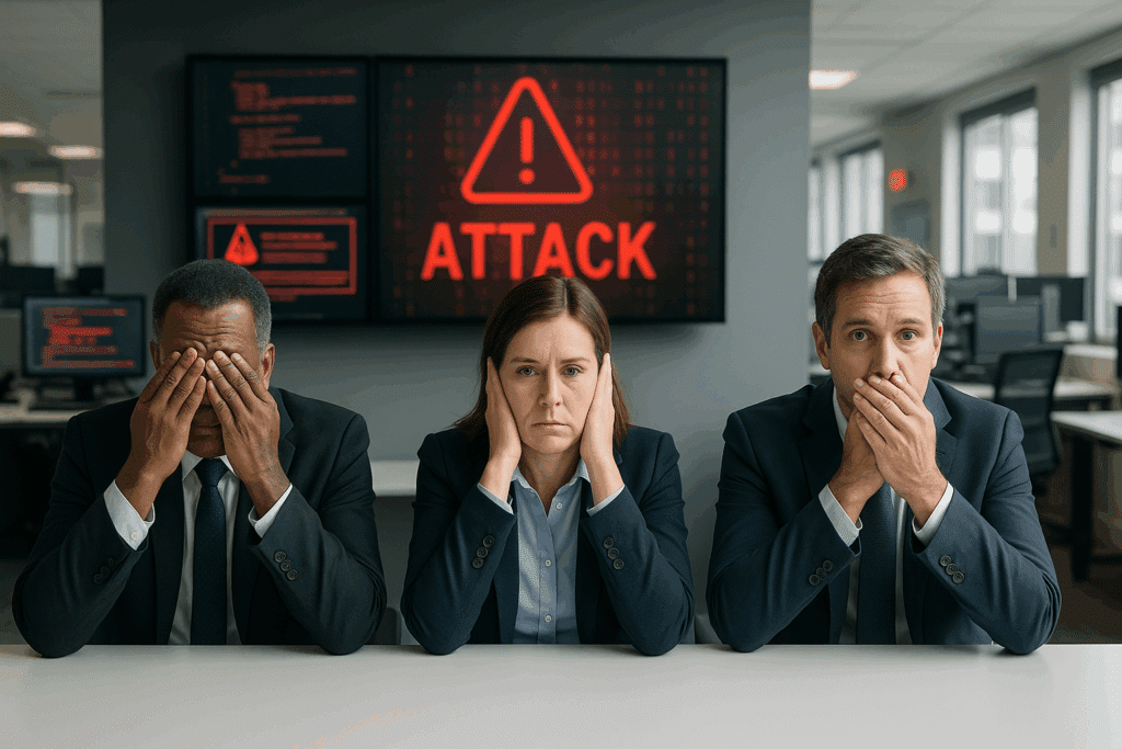 Three executives in a modern office sit at a conference table striking the ‘see no evil, hear no evil, speak no evil’ poses while large digital screens behind them display urgent warnings of a cyberattack. The scene illustrates leadership denial during an AI-driven attack, data breach, or DDoS incident, symbolizing corporate inaction toward rising cyber risk.