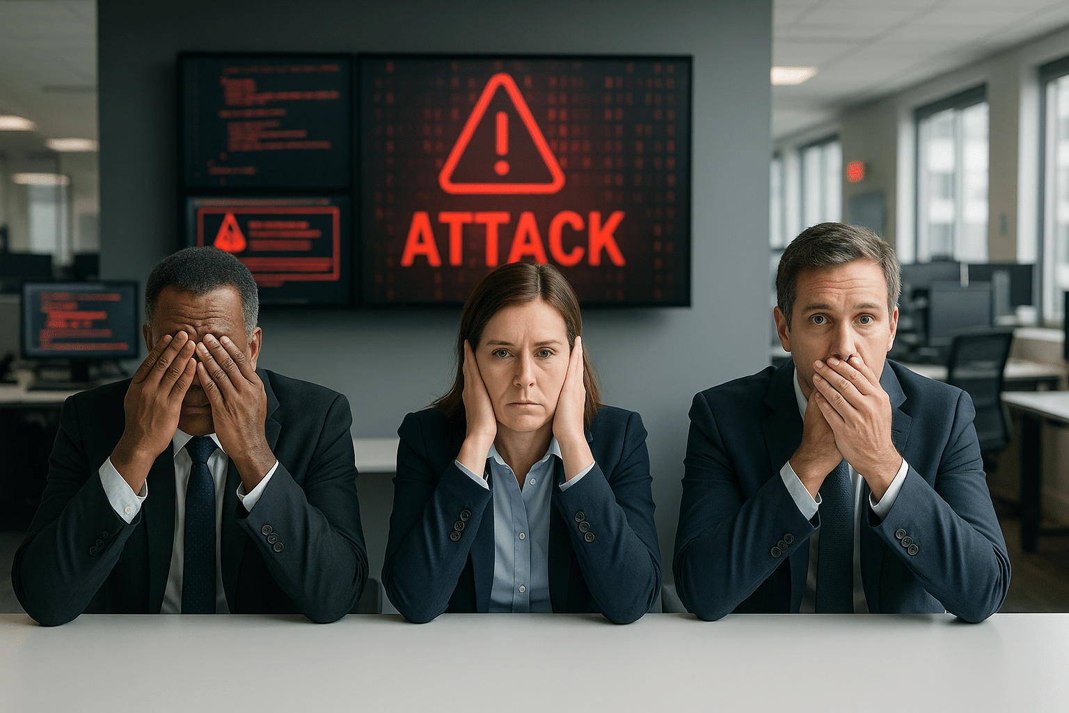 Three executives in a modern office sit at a conference table striking the ‘see no evil, hear no evil, speak no evil’ poses while large digital screens behind them display urgent warnings of a cyberattack. The scene illustrates leadership denial during an AI-driven attack, data breach, or DDoS incident, symbolizing corporate inaction toward rising cyber risk.