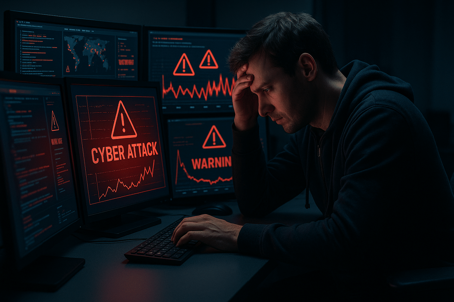 Overworked cybersecurity analyst in a dark office surrounded by glowing monitors showing cyber attack warnings and threat graphs, symbolizing staffing shortages, rising cyber threats, and the growing need for cyber insurance.
