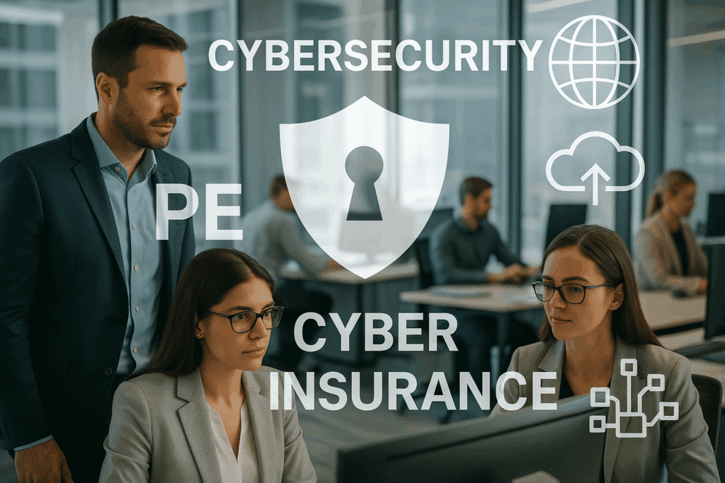 Office workers in a modern workplace with digital overlays of shields, cloud, and network icons symbolizing PE cybersecurity and cyber insurance strategies.