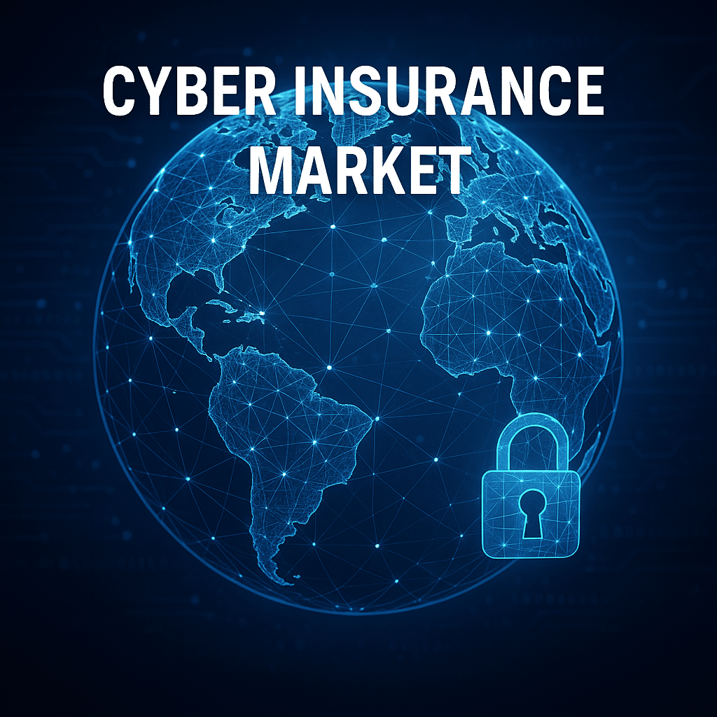 Digital illustration of the cyber insurance market with a glowing wireframe globe, cybersecurity padlock, and network connections. Concept image for global cyber risk, cyber insurance market in India, and cyber insurance market update.