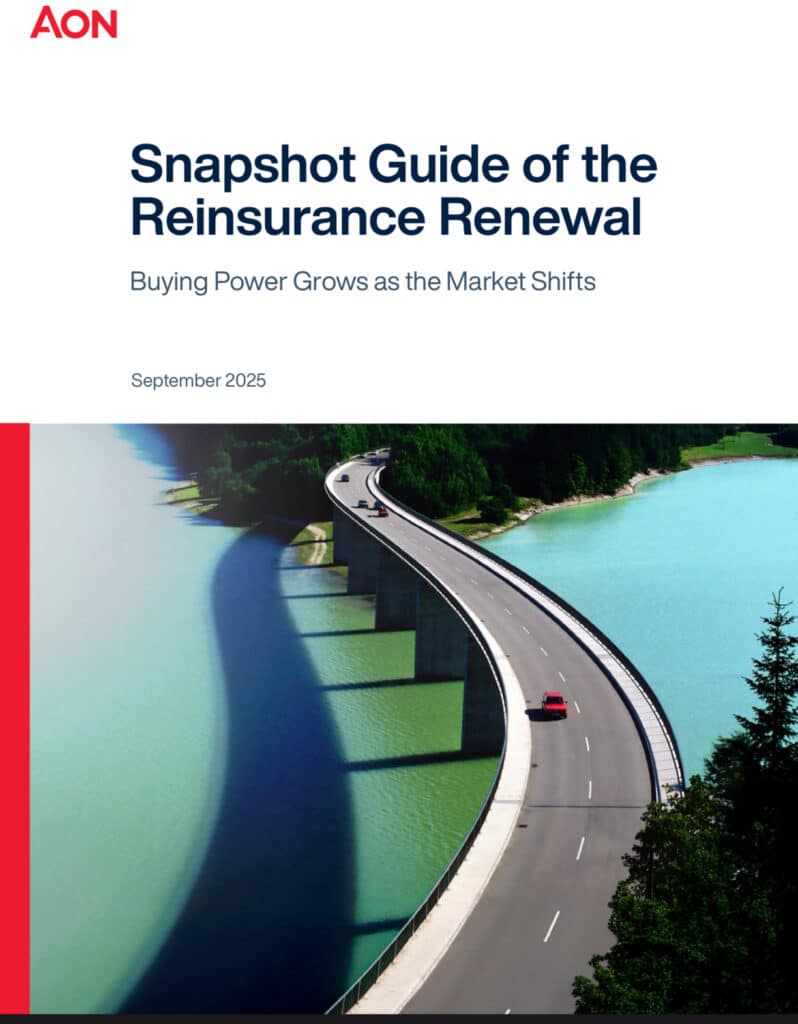 Aon Snapshot Guide of the Reinsurance Renewal cover, bridge over turquoise water, September 2025—insights for the cyber insurance market.