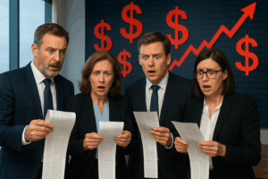 Shocked executives reviewing cyberattack cost reports in a modern boardroom, holding long invoices as red dollar signs and financial graphs rise behind them, illustrating underestimated cybersecurity risks, ransomware losses, data breach costs, cyber insurance exposure, and corporate cyber resilience challenges in 2025.