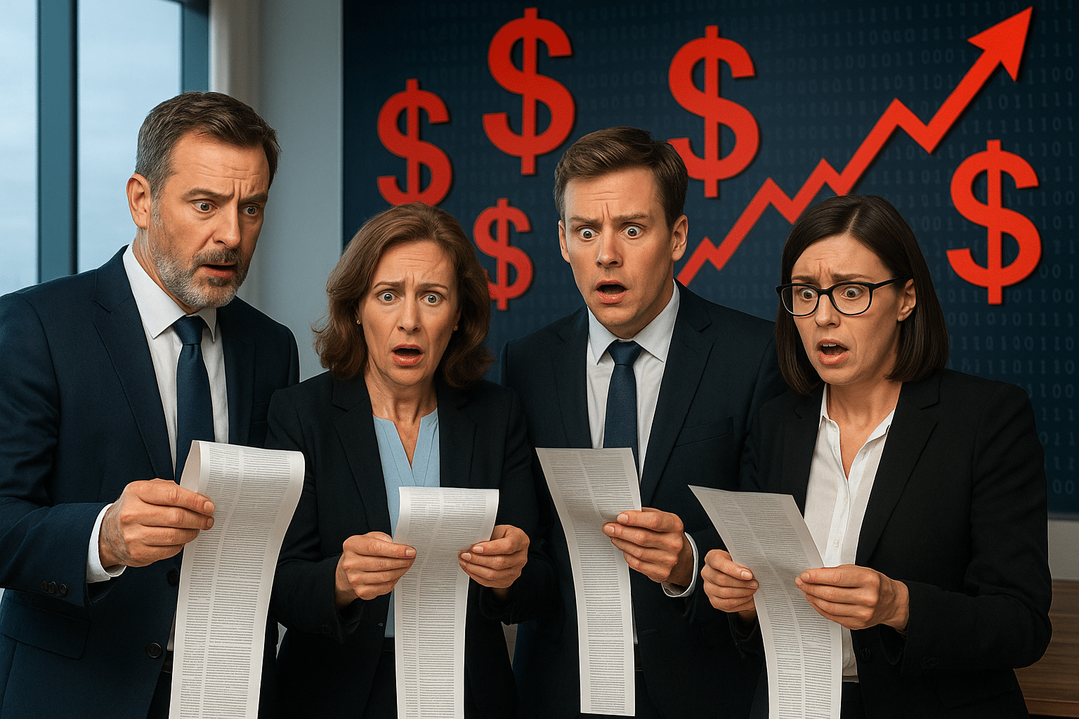 Shocked executives reviewing cyberattack cost reports in a modern boardroom, holding long invoices as red dollar signs and financial graphs rise behind them, illustrating underestimated cybersecurity risks, ransomware losses, data breach costs, cyber insurance exposure, and corporate cyber resilience challenges in 2025.