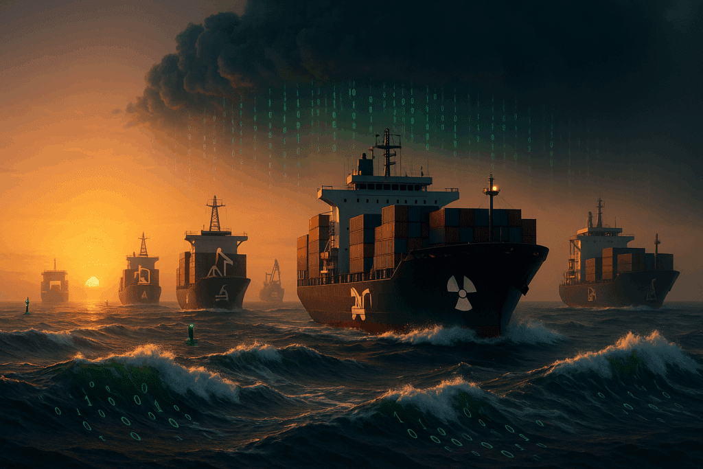Fleet of sector-labeled cargo ships at sunrise, guided by digital markers, symbolizing cybersecurity discipline and cyber liability insurance.