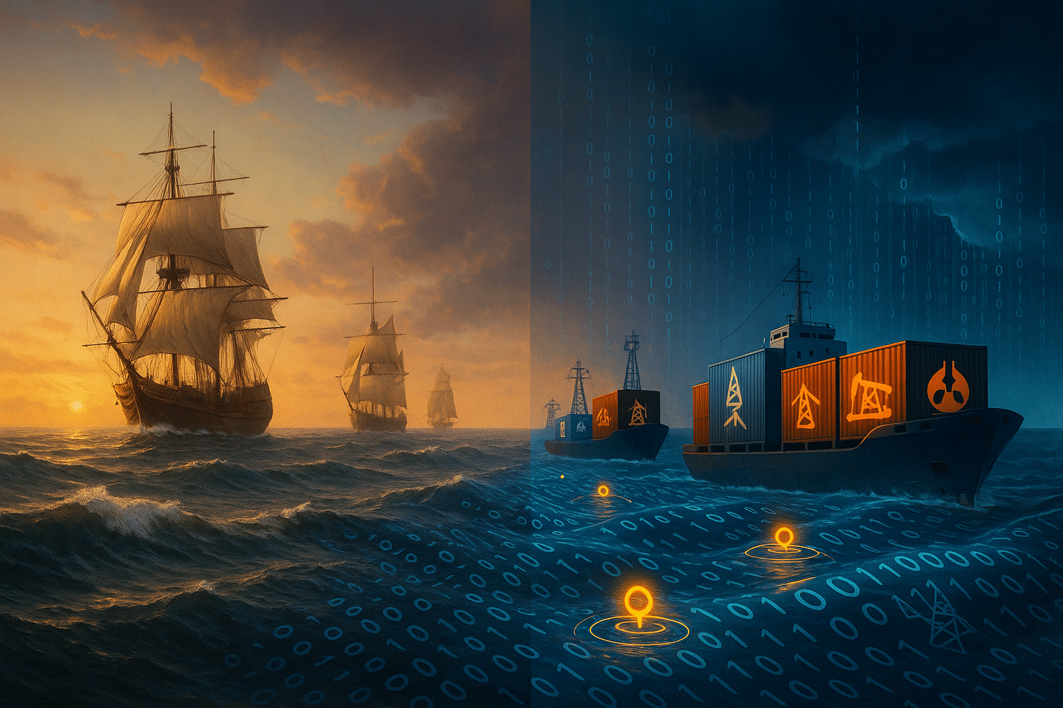 Old wooden sailing ships morph into modern container ships on digital seas, mapping the shift to cybersecurity and cyber insurance.