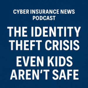 Digital podcast thumbnail for the Cyber Insurance News Podcast episode titled “The Identity Theft Crisis: Even Kids Aren’t Safe.” The image features bold white and yellow text on a dark blue background, emphasizing themes of identity theft, cybersecurity, and child identity protection. Designed to promote an episode about rising identity theft scams, student loan fraud, and online safety awareness.