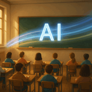Students in classroom facing AI on chalkboard with light bands, AI Education concept, school cybersecurity.