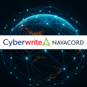 Cyberwrite and Navacord logos over a digital globe representing global cyber insurance policy network and AI-driven cyber risk management