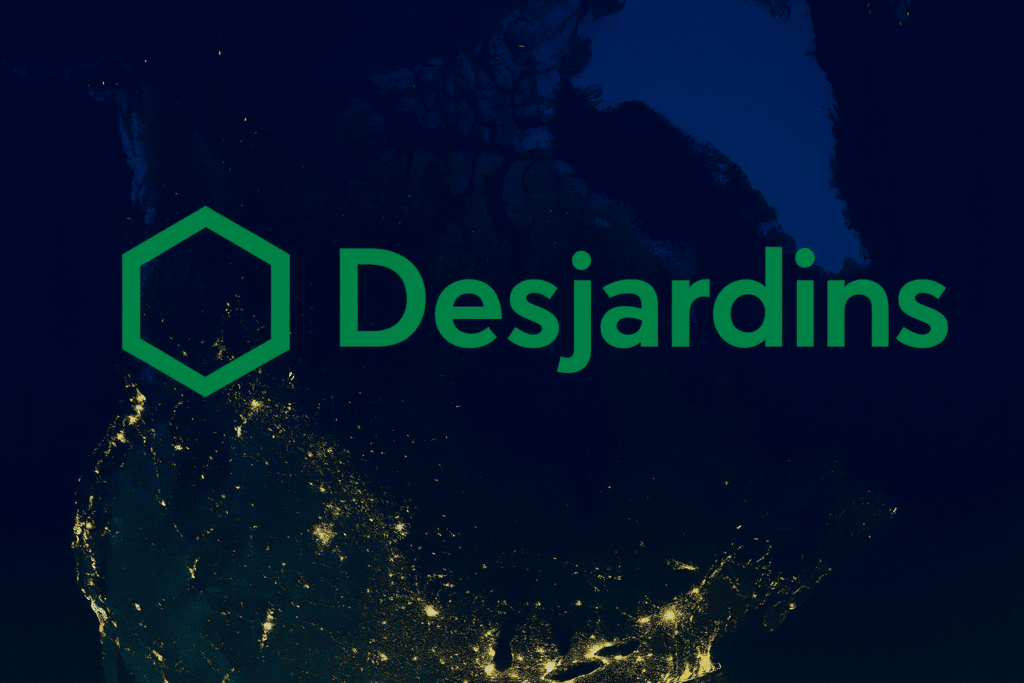 Desjardins logo over a nighttime satellite view of Canada representing cyber insurance, cybersecurity resilience, and SME digital risk protection.