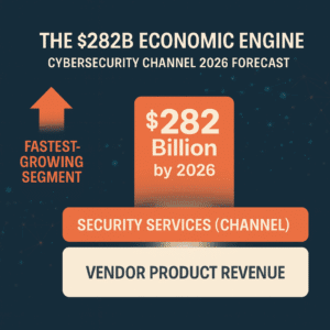 Infographic showing the $282 billion cybersecurity channel forecast for 2026, highlighting security services as the fastest-growing segment and emphasizing the rising importance of cyber insurance for small businesses and SMB cybersecurity investments.