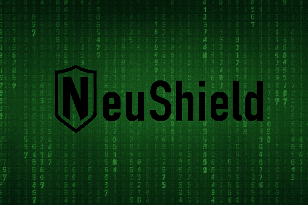 NeuShield logo over a digital matrix background representing cyber liability insurance, ransomware recovery, and data protection technology.