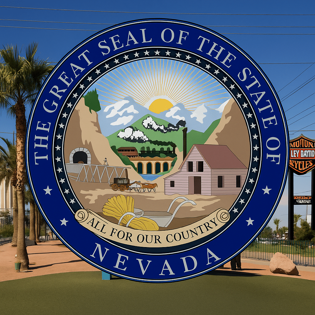 The Great Seal of Nevada superimposed on the Welcome to Fabulous Las Vegas sign, representing Nevada’s $7 million government cyber liability insurance policy protecting the state from ransomware attacks and cybersecurity threats. Cyber liability insurance for government i an increasingly discussed topic.
