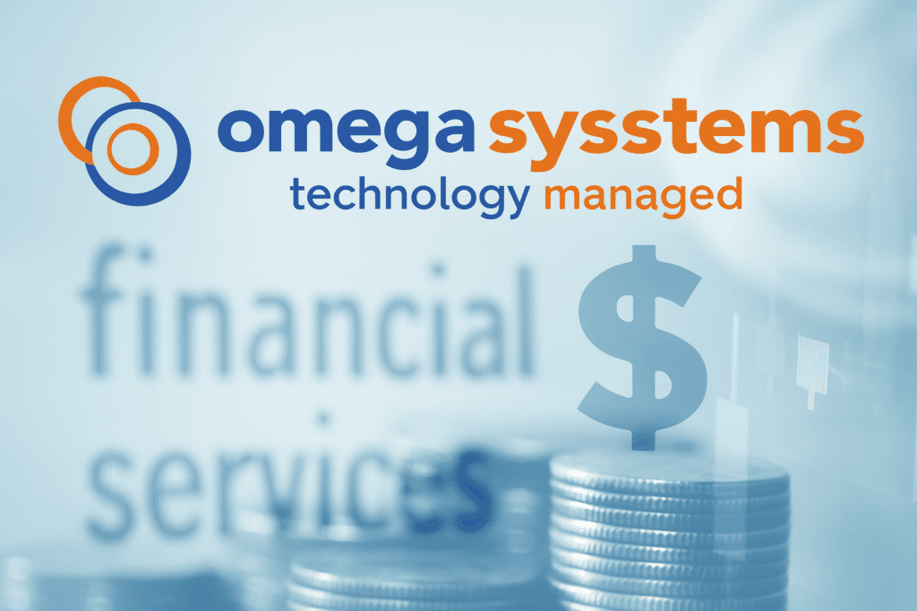 Omega Systems logo over a blurred financial background with coin stacks and a dollar sign, symbolizing cyber insurance, financial services, and cybersecurity resilience.