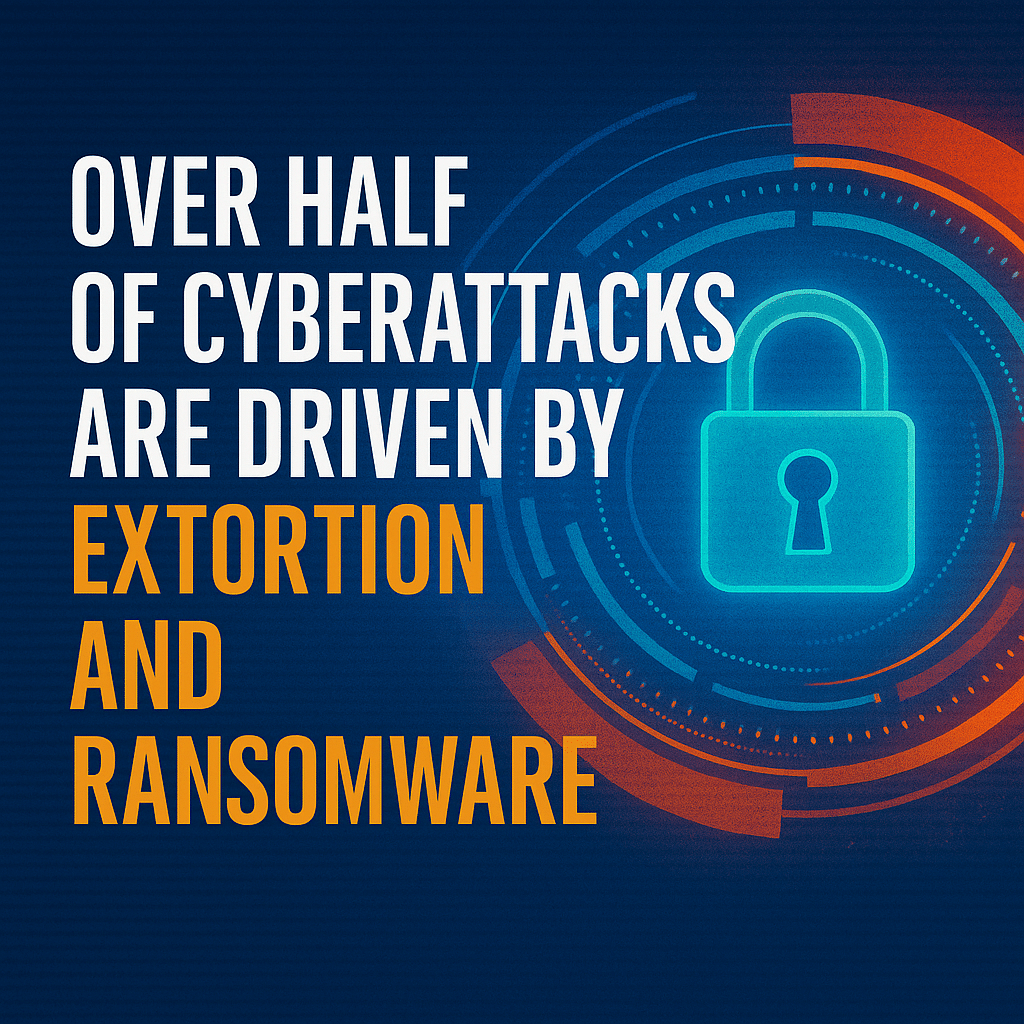 Hero image for Microsoft’s 2025 Digital Defense Report article showing a glowing digital padlock and bold headline, “Over Half of Cyberattacks Are Driven by Extortion and Ransomware,” symbolizing cyber insurance, ransomware defense, and data protection.